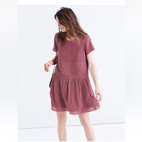 Madewell Dresses & Skirts - Madewell Silk Ascot Tile Maroon Red white short sleeve Drop Waist dress | Size 0